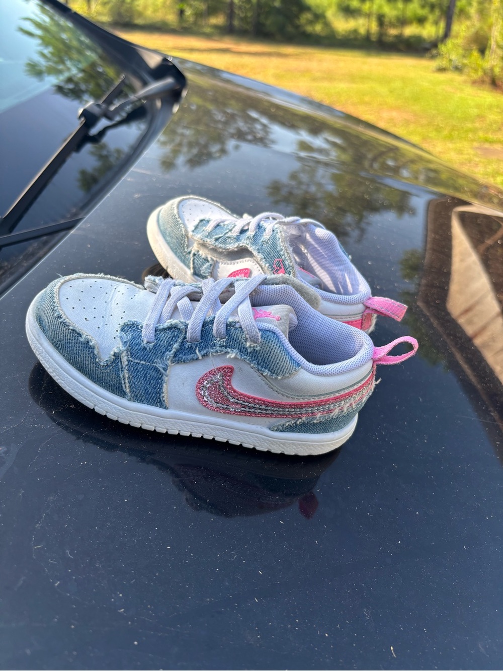 Nike Kids Denim & White Sneakers with Pink Swoosh